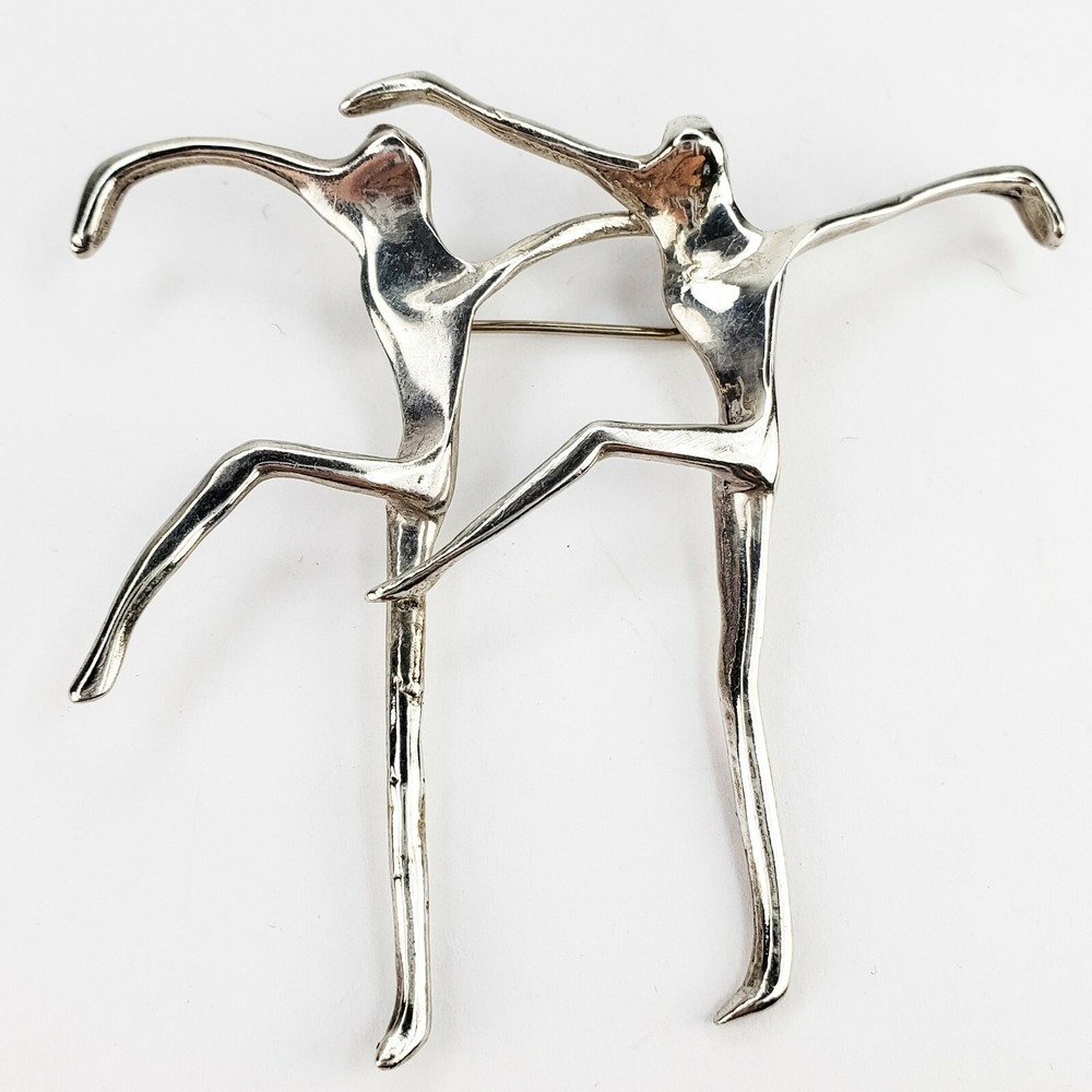 Sterling Silver 925 Two Dancing‎ Figural People Vintage Mexico Brooch Pin Large